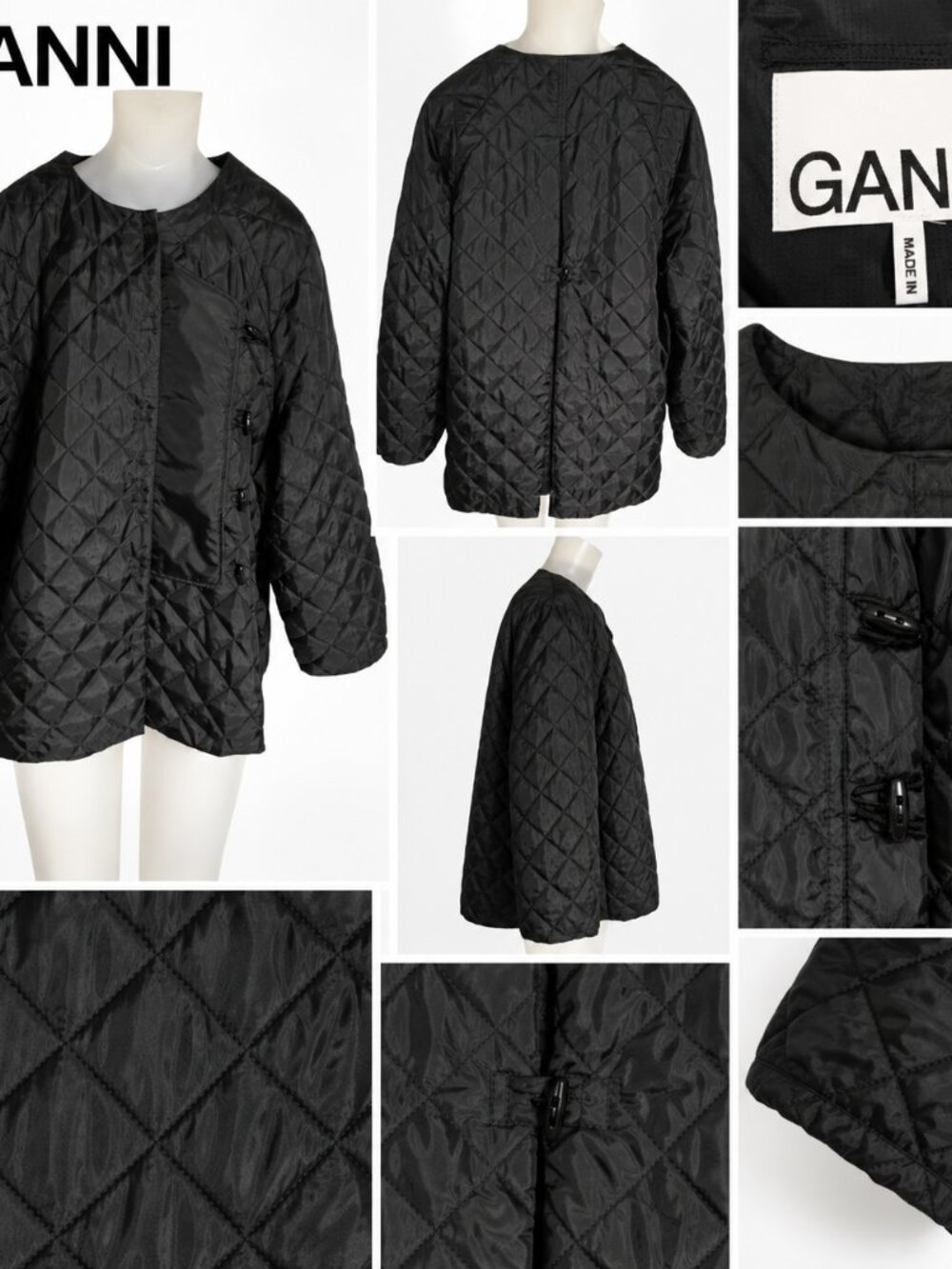 GANNI Black Quilted Jacket Sz 42/10/12 Toggle Front Scandi Minimalist Oversized